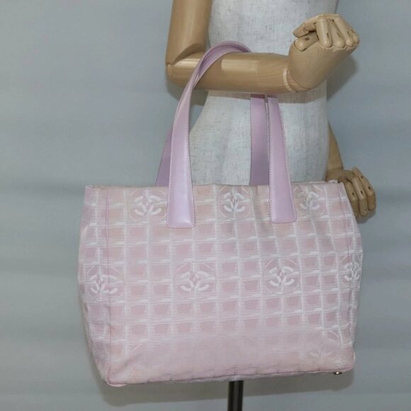 CHANEL New Travel line Tote Bag Nylon Pink Gold CC Auth BA5472